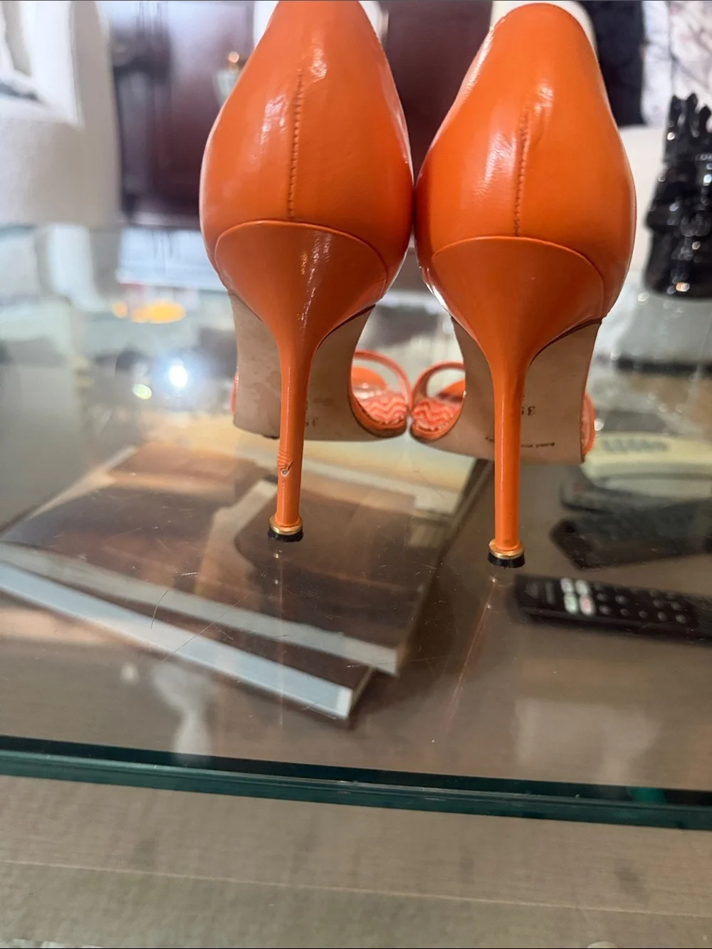 Manolo Blahnik Orange Patent Open-Toe D'Orsay Heels